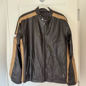 Men's Brown and Tan Faux Leather Jacket Retro Racer Jacket Size Small